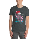 Young male wearing a Rogue Labs Hawaii T-shirt that has a Japanese Hawaii urban street themed graphic logo on the front.