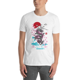 Young male wearing a Rogue Labs Hawaii T-shirt that has a Japanese Hawaii urban street themed graphic logo on the front.