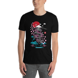 Young male wearing a Rogue Labs Hawaii T-shirt that has a Japanese Hawaii urban street themed graphic logo on the front.