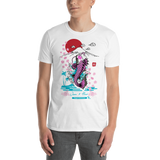 Young male wearing a Rogue Labs Hawaii T-shirt that has a Japanese Hawaii urban street themed graphic logo on the front.