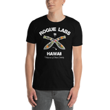 Young male wearing a Rogue Labs Hawaii T-shirt that has a urban street themed graphic logo on the front.