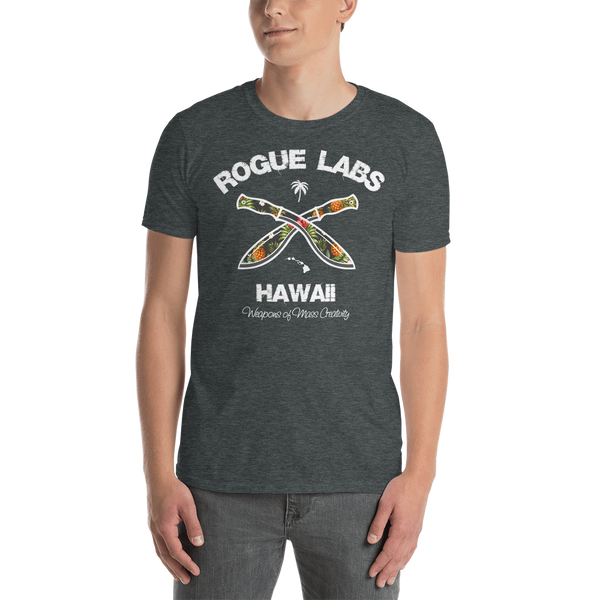 Young male wearing a Rogue Labs Hawaii T-shirt that has a urban street themed graphic logo on the front.