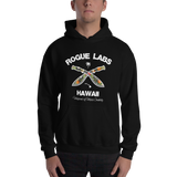 Young model wearing a Rogue Labs Hawaii unisex hoodie that has a urban street themed graphic logo on the front.