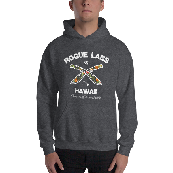 Young model wearing a Rogue Labs Hawaii unisex hoodie that has a urban street themed graphic logo on the front.
