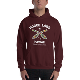 Young model wearing a Rogue Labs Hawaii unisex hoodie that has a urban street themed graphic logo on the front.