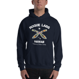 Young model wearing a Rogue Labs Hawaii unisex hoodie that has a urban street themed graphic logo on the front.