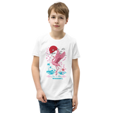 Preteen model wearing a Rogue Labs Hawaii shirt that has a urban Japan Hawaii themed graphic logo on the front.