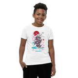 Preteen model wearing a Rogue Labs Hawaii shirt that has a urban Japan Hawaii themed graphic logo on the front.